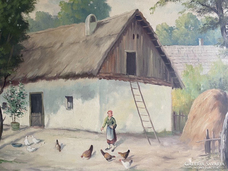 Picture of Hungarian farm life - feeding chickens, marked around 1950!