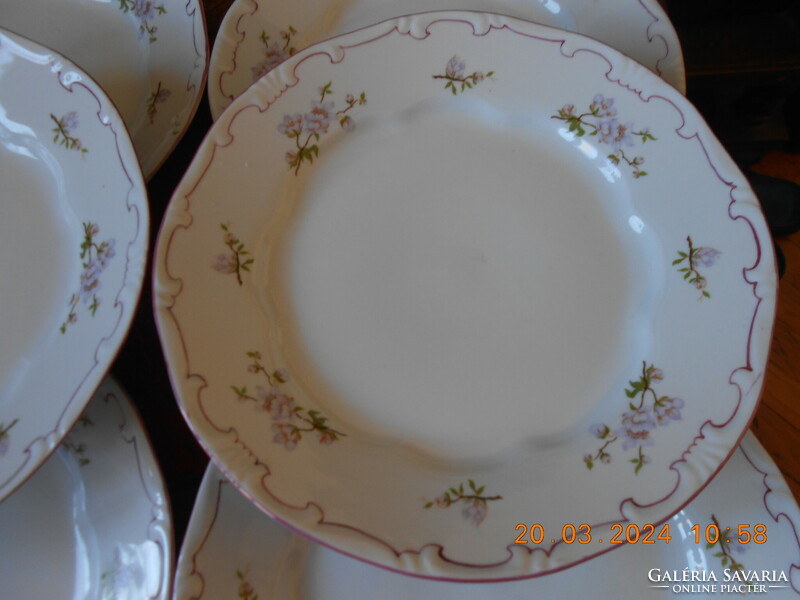 Zsolnay lila barackvirágos, rózsaszín tollazott lapos tányér, 6 db