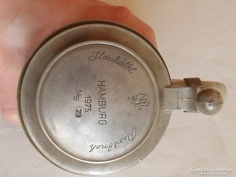Old German stoneware stoneware beer mug krigli metal lid French card pattern