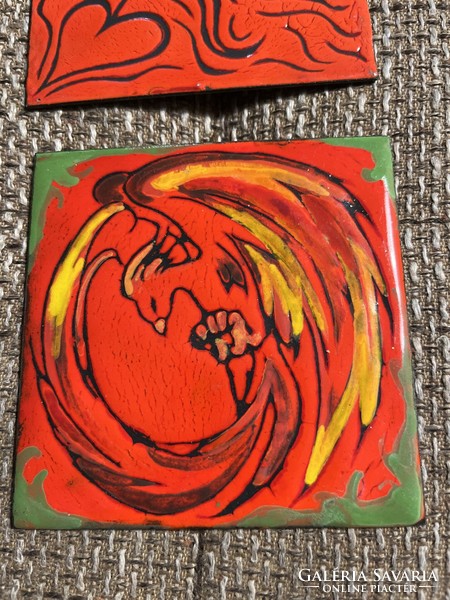 Fire enamel pictures on metal plate with phoenix, tulip and abstract patterns. They are 10X10 cm, flawless