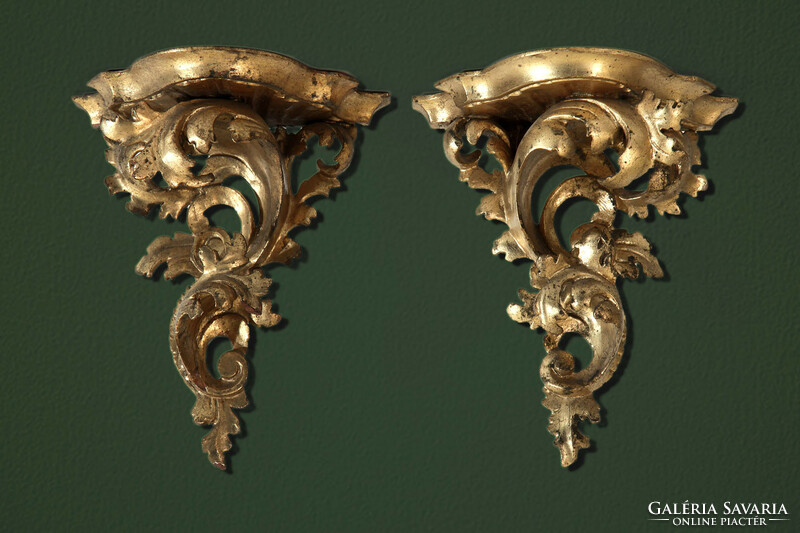 19. századi Fali Konzolpár | Antik Barokk Florentin Stílusú Faragott Hársfa Konzol Mini Polc Keret
