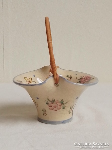 Régi mázas porcelán kosárka virág minta sodort bambusz füles, húsvéti dekoráció, vitrin nipp
