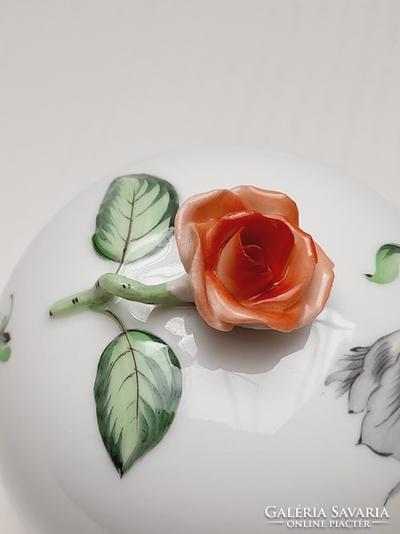 Herendi rózsafogós, lábas, virágmintás bonbonier, 10 cm