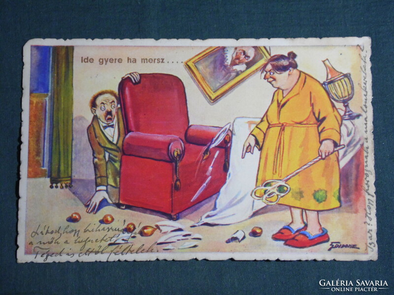 Képeslap, Postcard, artist,humor,móka,kacagás,vicc ,grafikai rajzos, gyere ha mersz, 1941