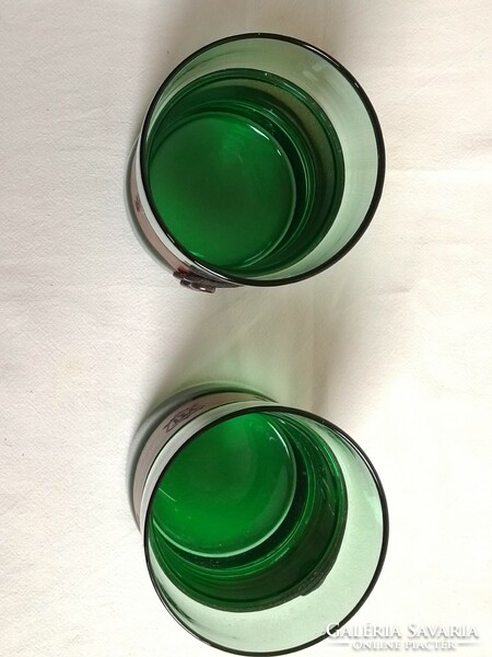 Különleges régi zöld asztali italos kínáló készlet, kétszemélyes, dekoratív bőr pánt díszítés