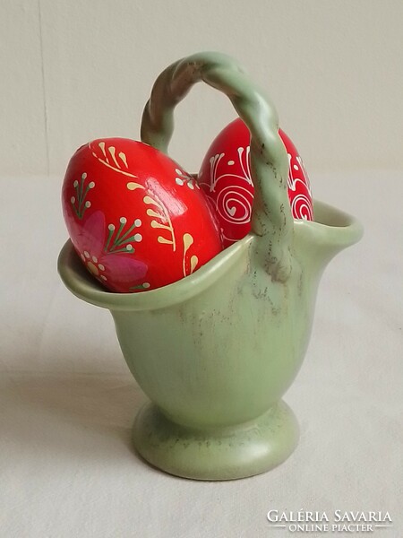Antique Old Art Deco Drizzled Celadon Glazed Wicker Handle Earthenware Ceramic Basket Easter Decoration
