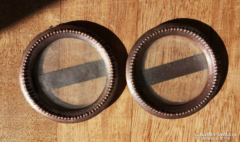 2 antique, round, metal + glass photo holders