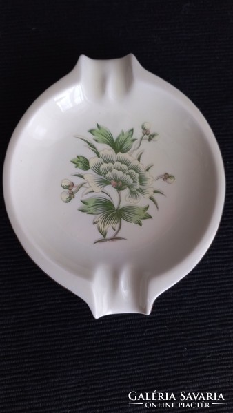 Hollóháza butter-colored porcelain ashtray with green flowers, marked, numbered, first class