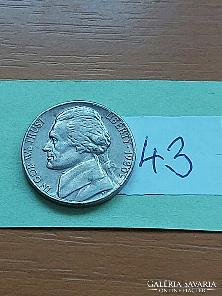 USA 5 cents 1980 p- philadelphia, jefferson, copper-nickel 43