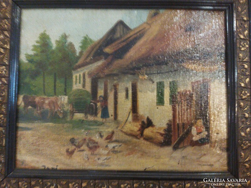 Oil painting on wooden board. Farm life.