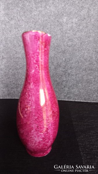 Hollóháza lustrous burgundy-pink vase with gilded edge, marked, numbered,