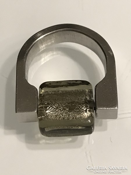 Brushed stainless steel ring with Murano glass insert, 19 mm inner diameter