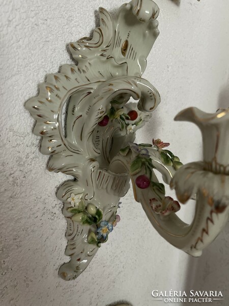 Beautiful antique large two-armed porcelain candle holder with applied flowers