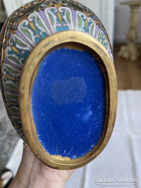 Antique Chinese fire enamel, compartment enamel kobak vase with fire bird ears.