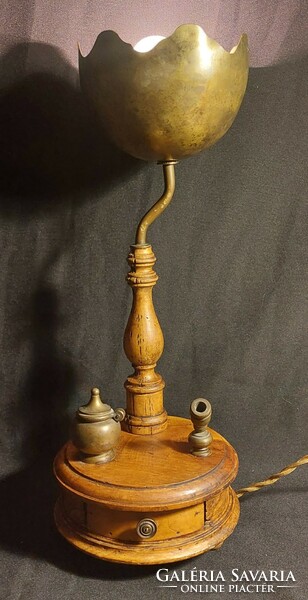Antique, art nouveau lamp, wood and copper
