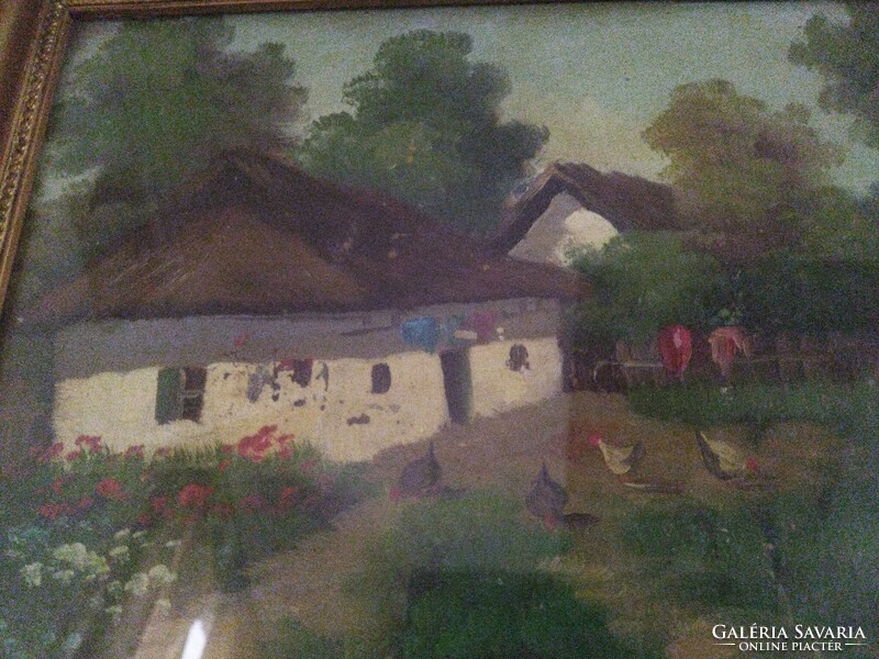 Oil painting on wooden board. Farm life.