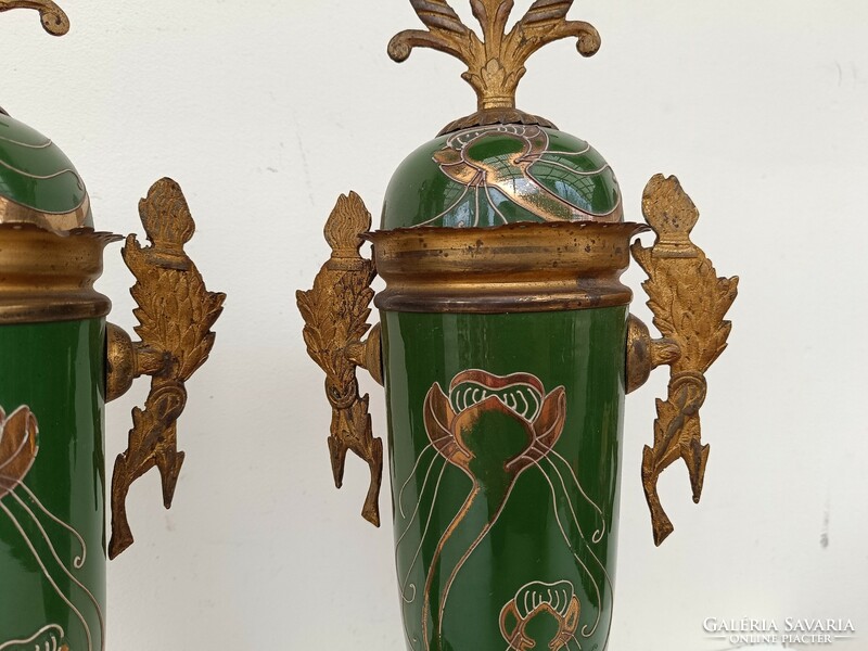 Antique Art Nouveau fireplace ornament with 2 majolica porcelain copper fixtures 616 8572
