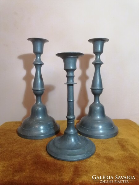 3 antique pewter candle holders