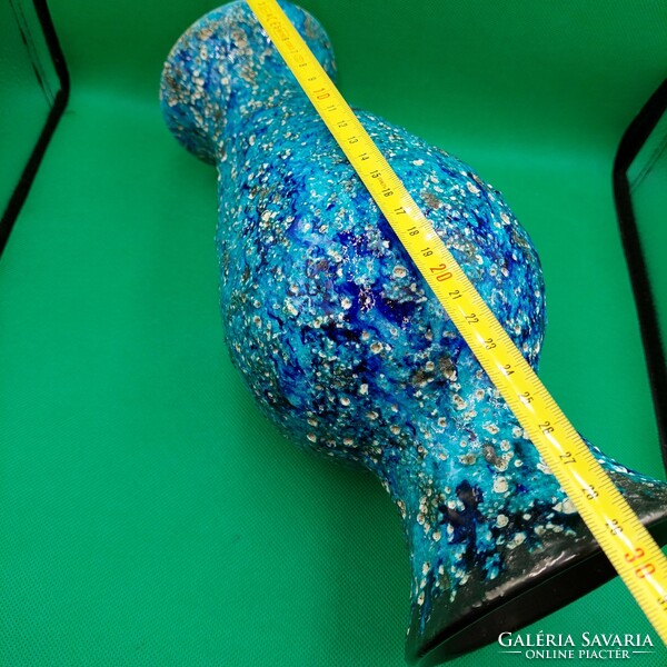 Ritka gyűjtői Bod Éva Tűrkíz kék repesztett mázas kerámia váza 31 cm