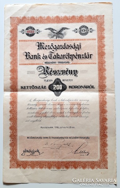 Részvény, Mezőgazdasági Bank és Takarékpénztár Részvénytársaság - Kolozsvár 1916