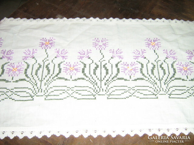 Beautiful antique cross stitch embroidered lacy edged runner