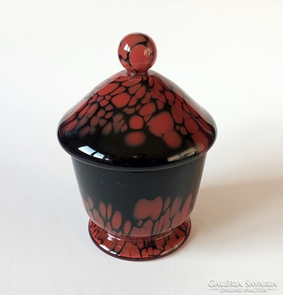 Loetz art-deco black/red 'tango' glass box with lid 1930s