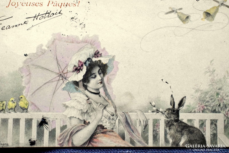 Antik  M M Vienne Wichera színezett grafikus Húsvéti üdvözlő képeslap - hölgy napernyővel , nyuszi