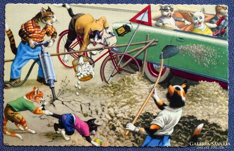 Régi retro humoros grafikus képeslap cica  - útjavítás , baleset