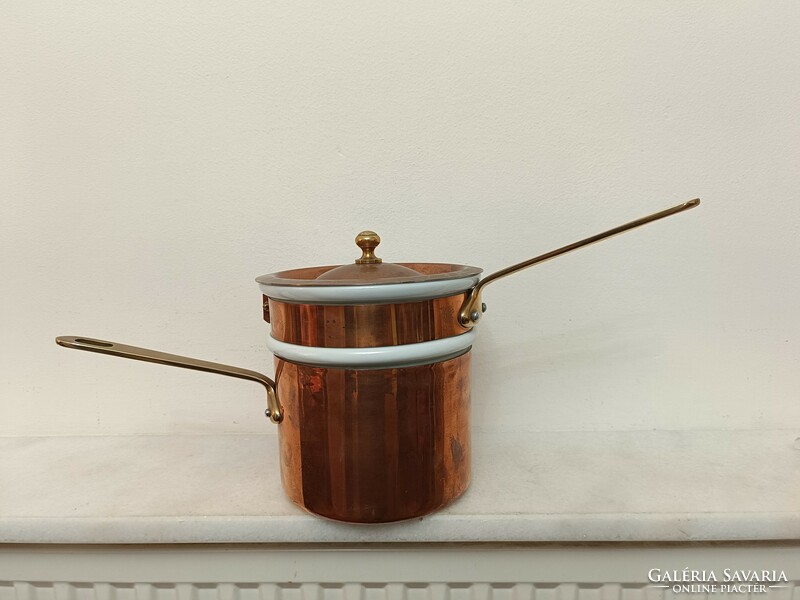 Antique tinned kitchen two-story thick red copper footed porcelain pot with lid and brass handle 841 8483