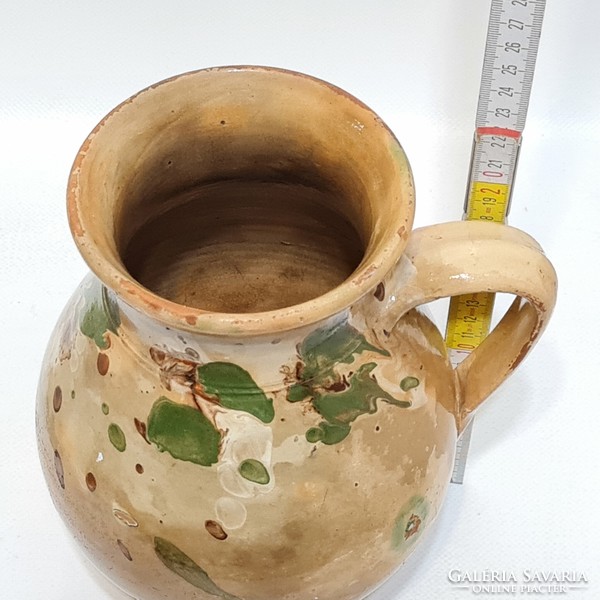 Folk, green, brown glaze spots, off-white glazed ceramic milk jug (2988)