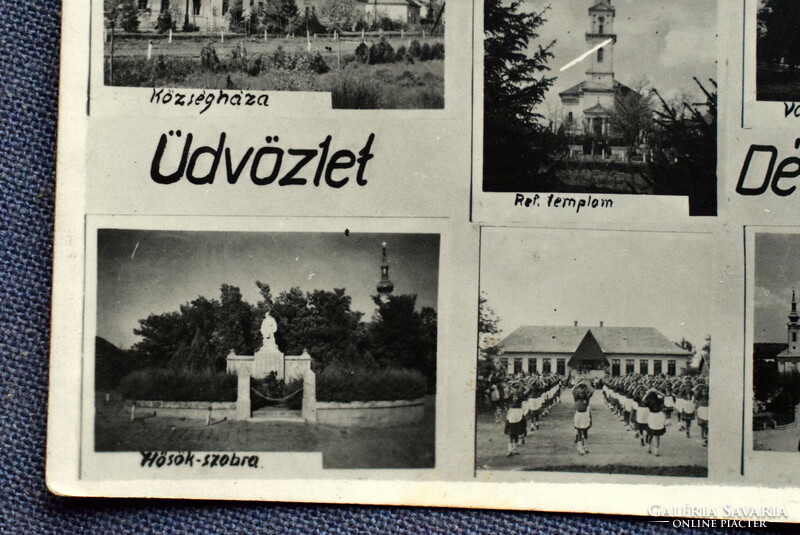 Dévaványa - régi mozaik Bajti fotó képeslap   - Vadkacsa szálló, Hősök szobra, rendezvény. 1944?