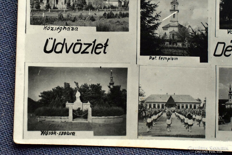 Dévaványa - old mosaic Bajti photo postcard - wild duck hostel, statue of heroes, event. 1944?