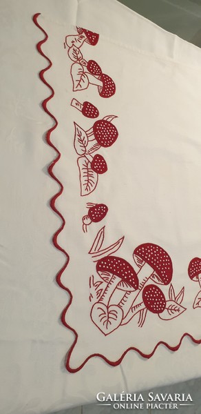 (1) Very old embroidered mushroom tablecloth 116 cm x 53 cm