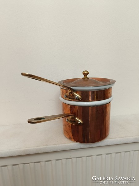Antique tinned kitchen two-story thick red copper footed porcelain pot with lid and brass handle 841 8483