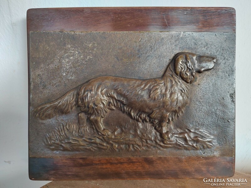 Bronze dachshund dog wall picture plaque on a wooden board, circa 1940