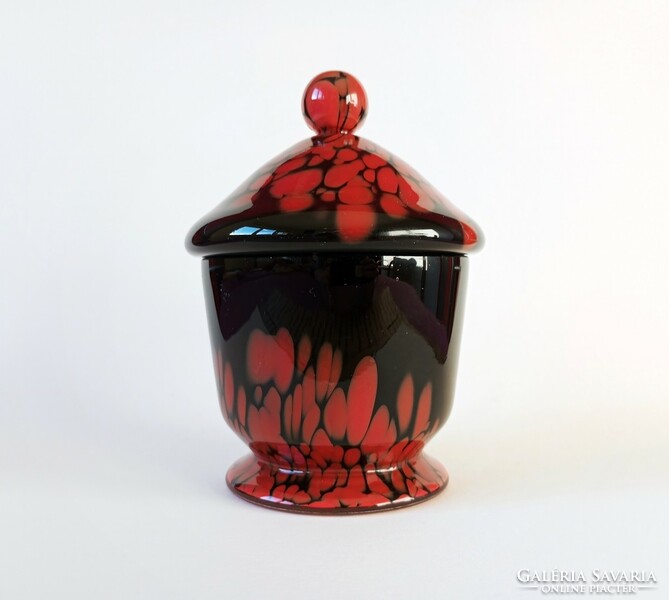 Loetz art-deco black/red 'tango' glass box with lid 1930s