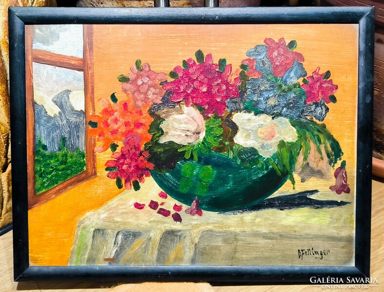 Special price! Flower still life painting, around 1930-1950, oil on cardboard, with frame 26 x 34 cm, no.