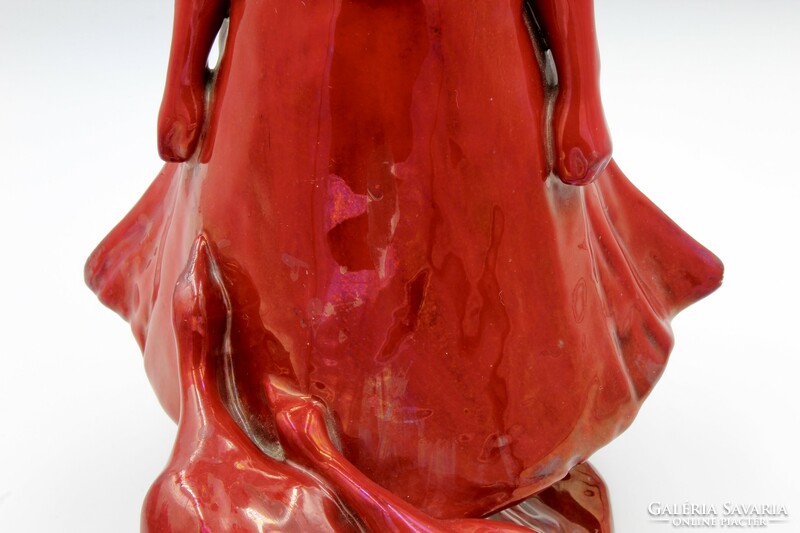 Zsolnay goose girl, oxblood glaze, round seal, repaired