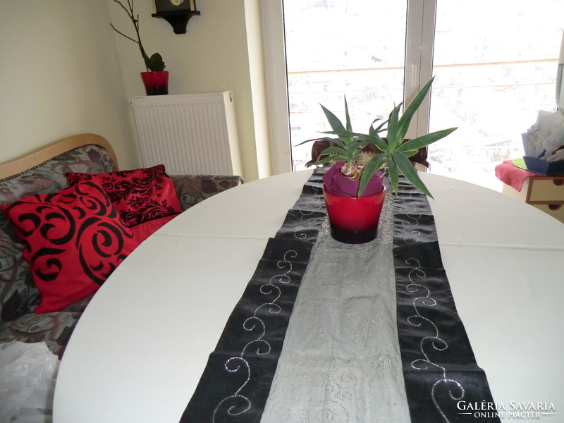 Table center runner tablecloth black silk approx. 140 Cm with silver embroidery