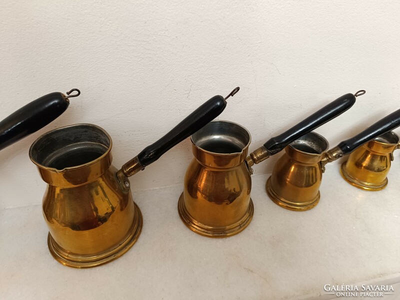 Antik arab konyhai eszköz ónozott sárgaréz török kávé főző edény fa nyéllel 6 darab 848 8507
