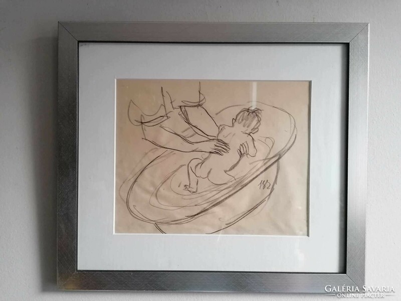 Baby bath. Miklós Barna (1900-1993) pencil drawing from the 1920s.
