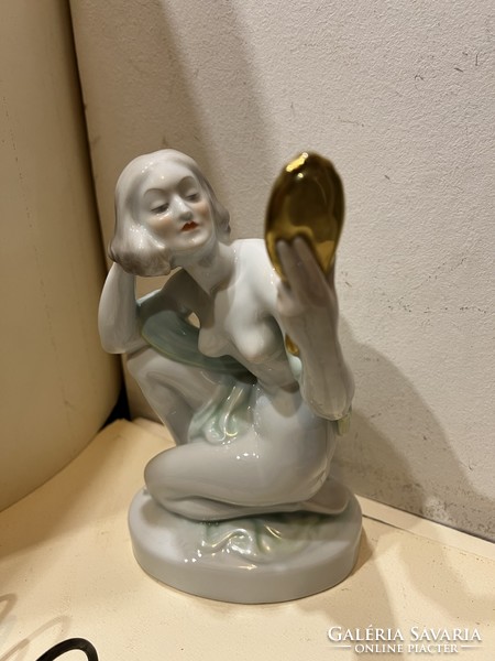 Herend female nude, woman with a mirror: with the signature of sculptor István Nagy Szilágy - 24cm. 4453