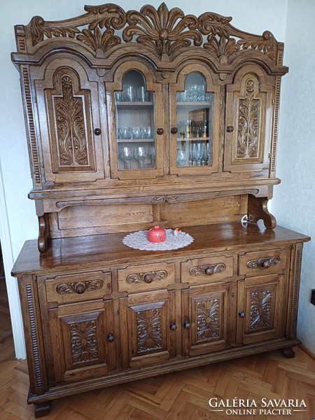 Carved oak sideboard, table, chair
