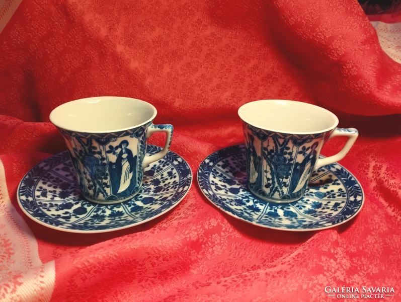 Kék-fehér, japán porcelán csésze aljjal, 2 pár