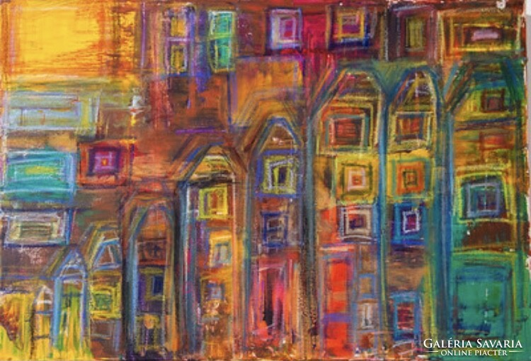 Colored houses 60x40cm abstract unique canvas picture