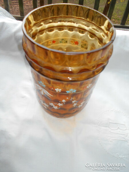 Antik  zománcfestett--virág mintás  üveg váza 17 cm- optikailag alakított babosra fújt üveg