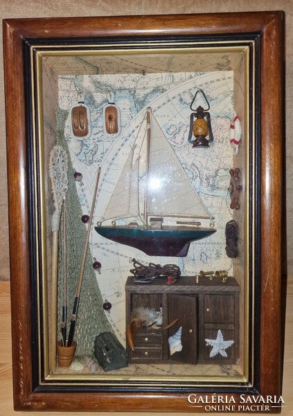 Old handmade meticulously crafted sailing ship and accessories 3d collage