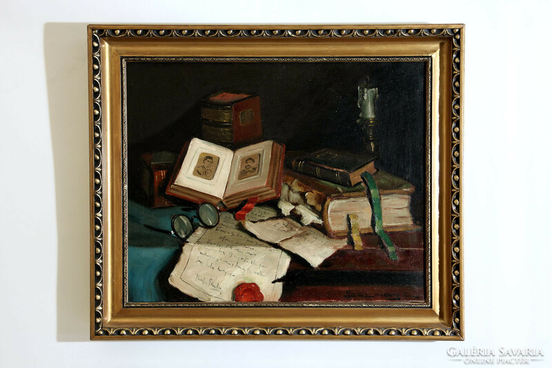 Aristide Szendy (1903-1972) table still life with books and photo album 50x60cm