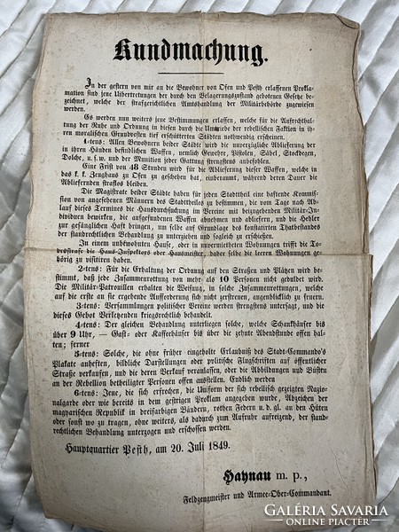 Proclamation and announcement of Field Marshal Haynau, Commander-in-Chief! 1849!