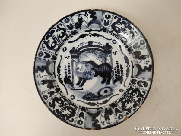 Antique Jewish Delft porcelain plate bowl lion lake scroll Judaica Delft 18th century 622 8683